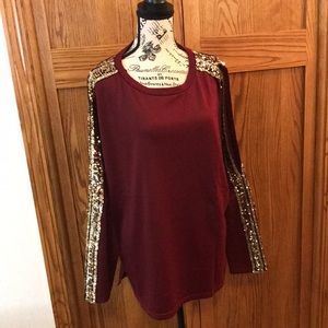 Stunning Women’s Cold Shoulder Top Size XL Burgundy W/ Shimmering Gold Sequences